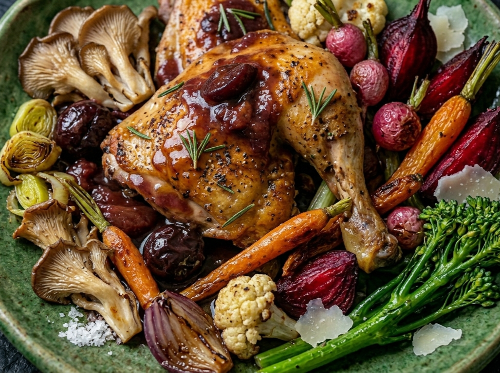 Rosemary Chicken with Ciruela (Plum) Sauce, Sweet Onion Jus &amp; Roasted Spring Vegetables