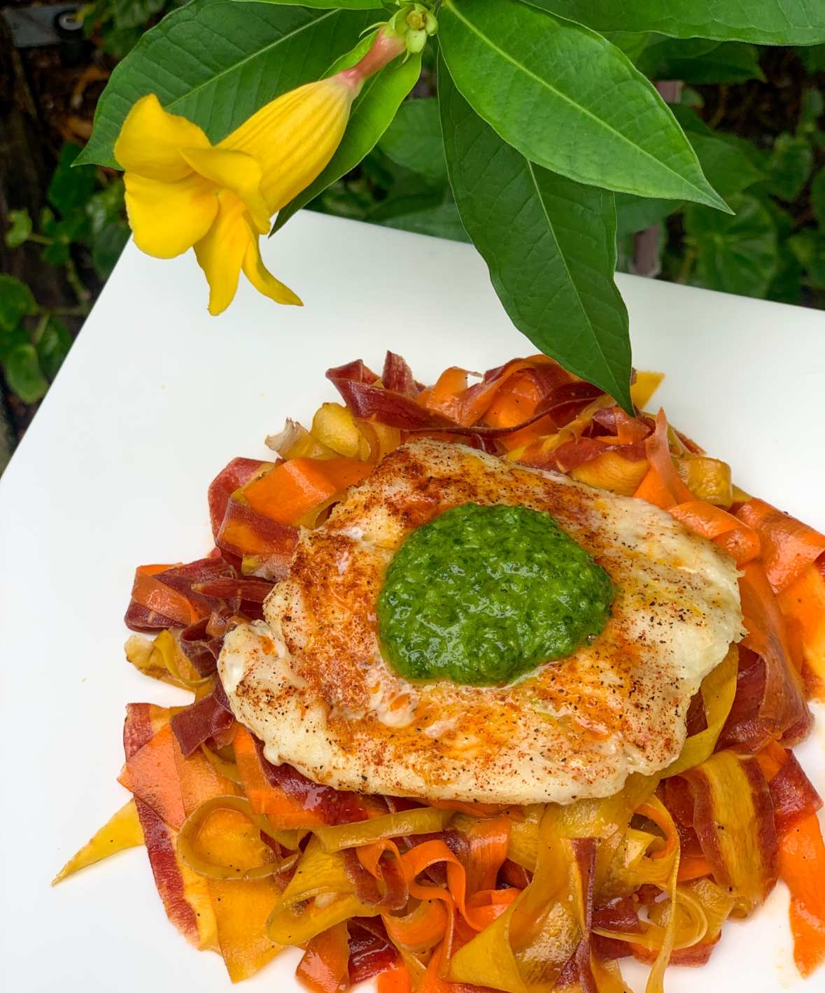 Wild Cod with Pistachio Pesto, Carrot Ribbons &amp; Roasted Fennel-Leek