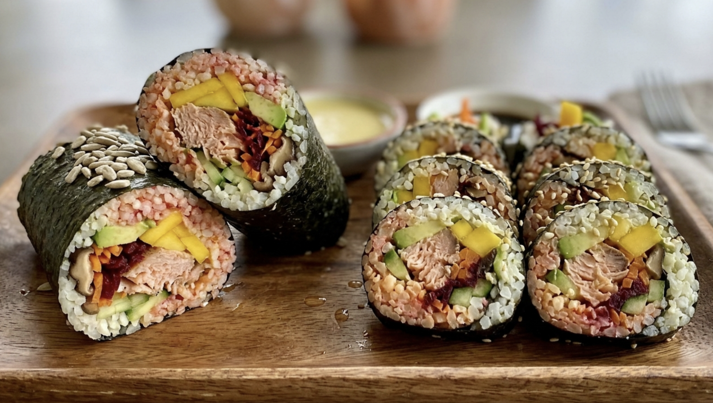 Coastal Sushi Rolls with Wild Fish, Colorful Vegetables, and Tropical Fruit