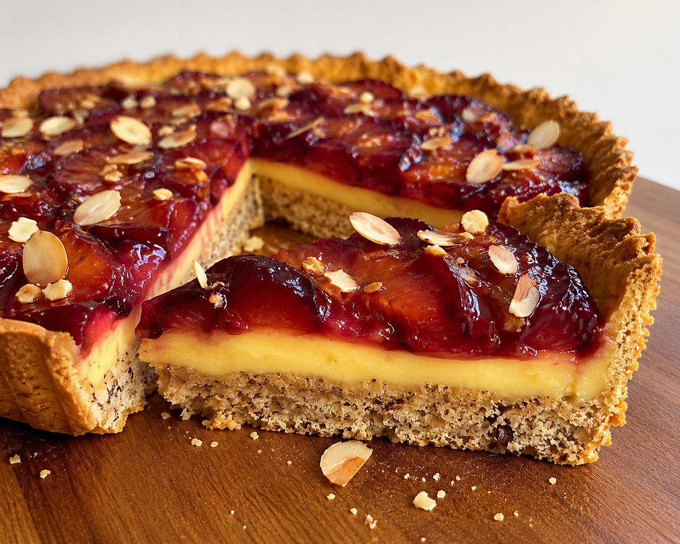 Custard Tart with Plum Compote and Almond-Hazelnut Shortbread Crust