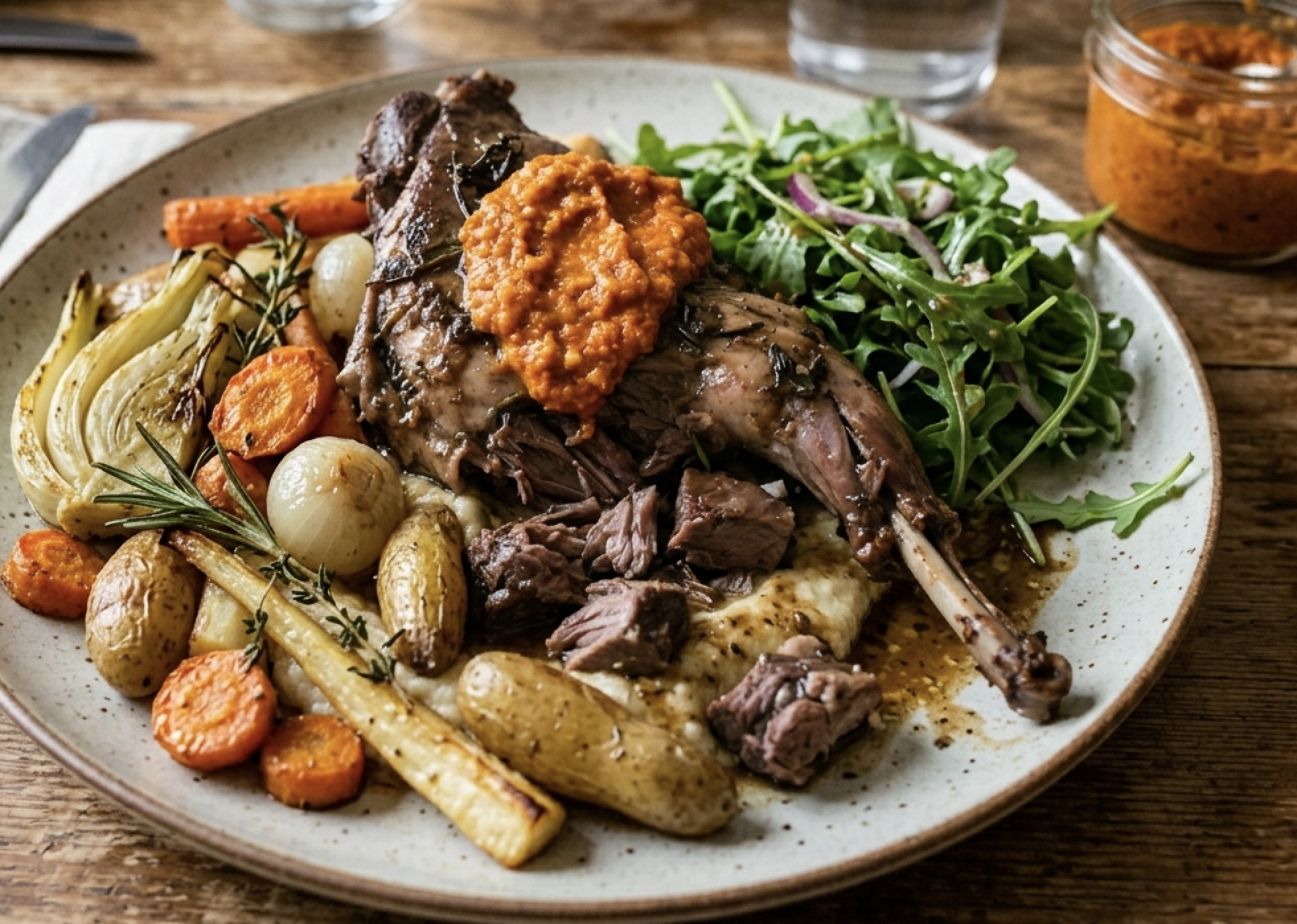Slow-Braised Rabbit (Conejo) with Mediterranean Vegetables, Pan Drippings, and Romesco