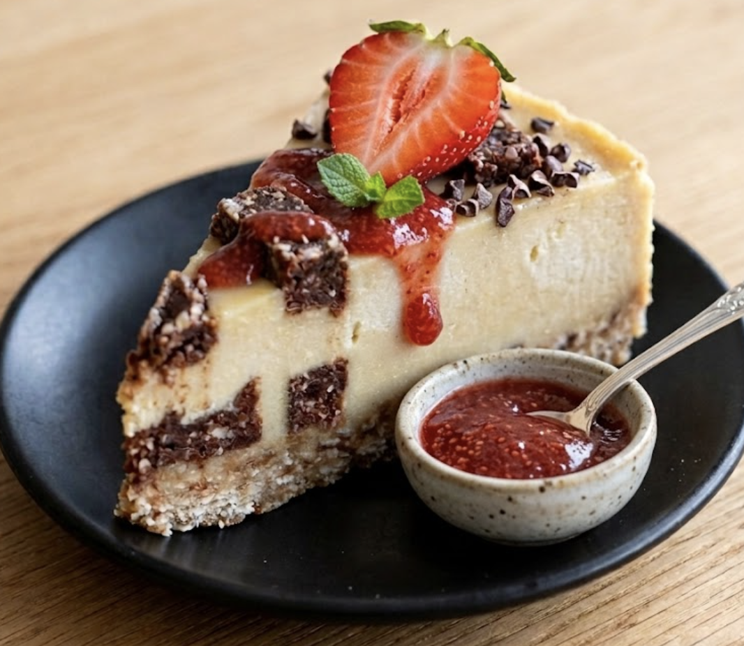 Mint Chocolate Chip Brownie Cheesecake with Strawberry Jam