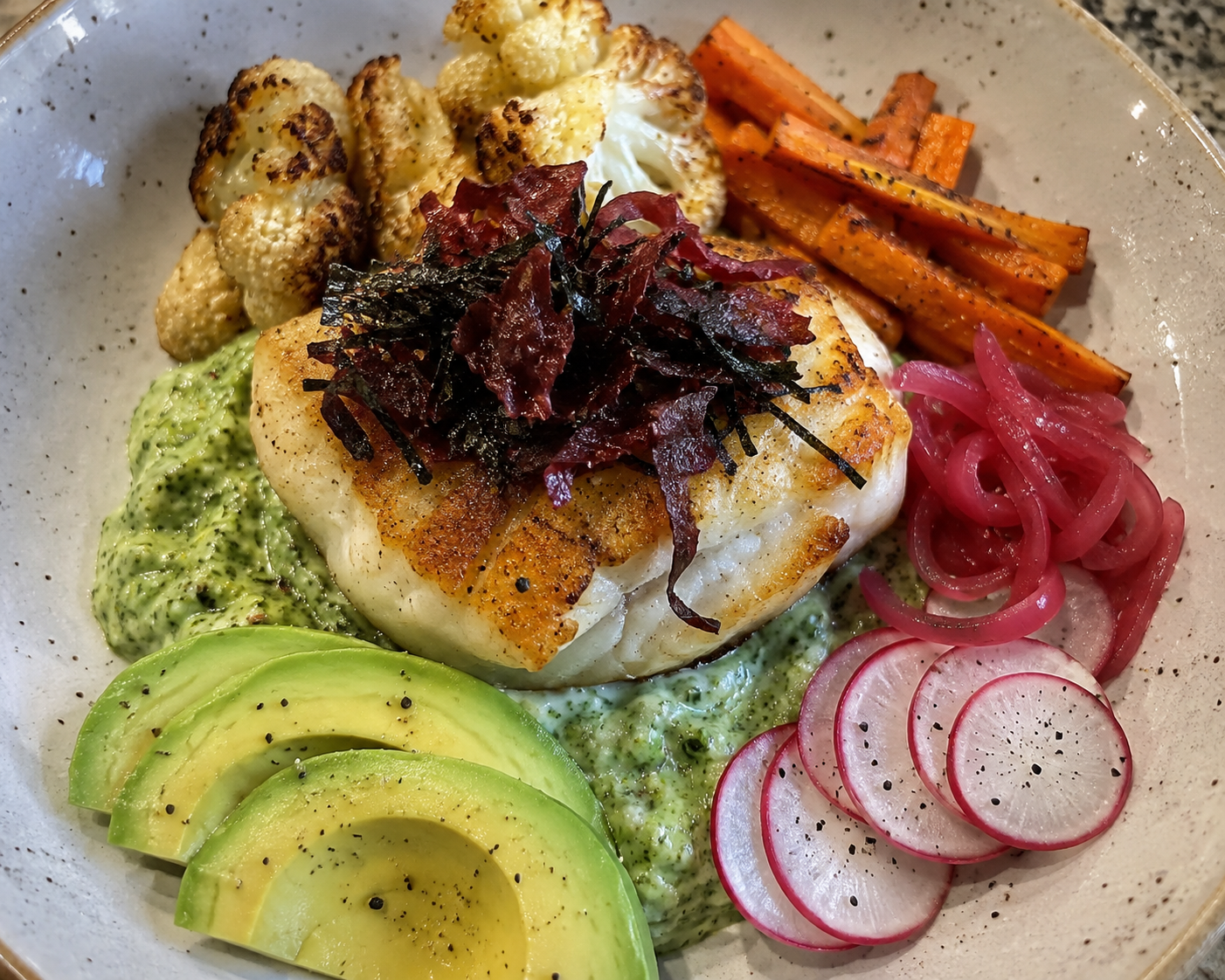 Pan-Seared Cod with Creamed Broccoli and Seaweed