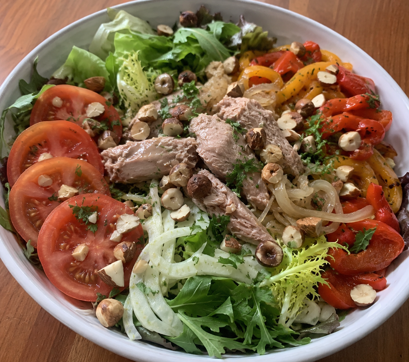 Tuna Belly Salad with Tomatoes, Piquillos, and Sherry-Olive Oil Dressing