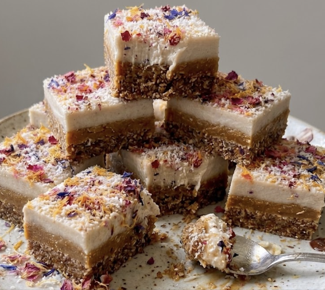 Tahini Caramel Slice with Vanilla Cashew Cream and Colorful Coconut Topping