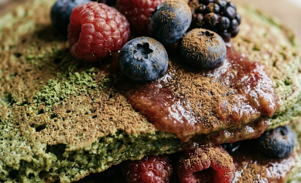 Matcha Sprouted Buckwheat Pancakes with Berries and Cinnamon