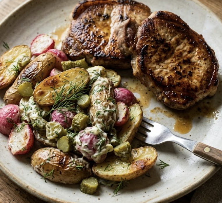 Pork Chops with creamy Radish Potato Dill Salad