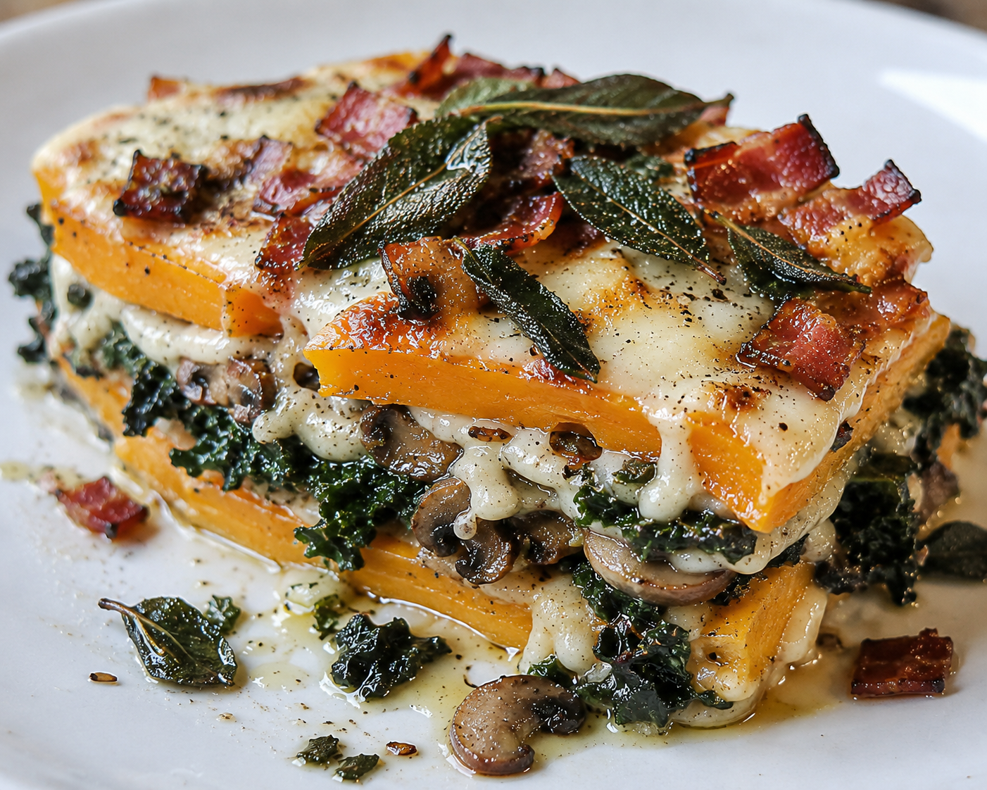 Butternut Squash Lasagna with Mushrooms, Sage, Kale, Bacon, cauliflower, and Ricotta (+ deconstructed pasta version with pork meatballs)