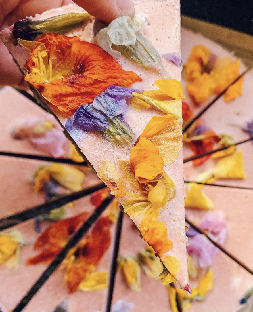 RAW FLORAL CASHEW Cheesecake with EDIBLE FLOWERS AND SPRING BERRIES