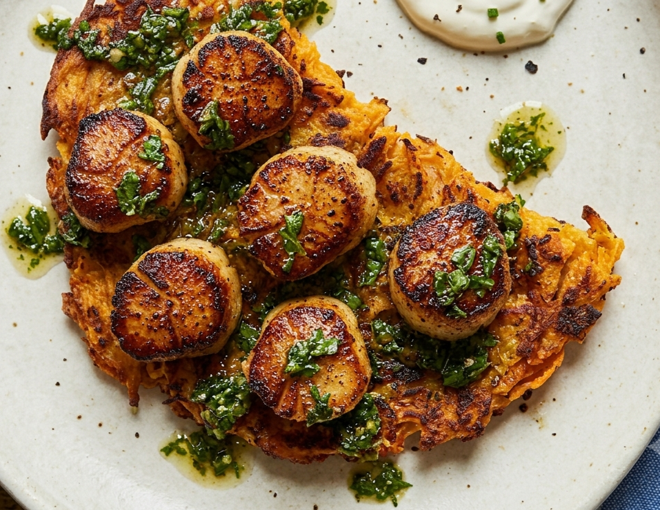 Pan-Seared Golden Crispy Scallops with Sweet Potato Cake (Four European Traditions) and Basil-Parsley Sauce
