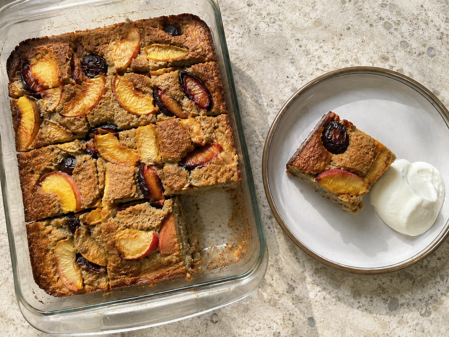 Banana Egg Cake with Roasted Nectarines and Plums