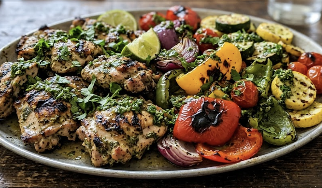 Grilled Summer Dinner: Cilantro-Lime Grilled Chicken with Charred Summer Vegetables and Herb Vinaigrette