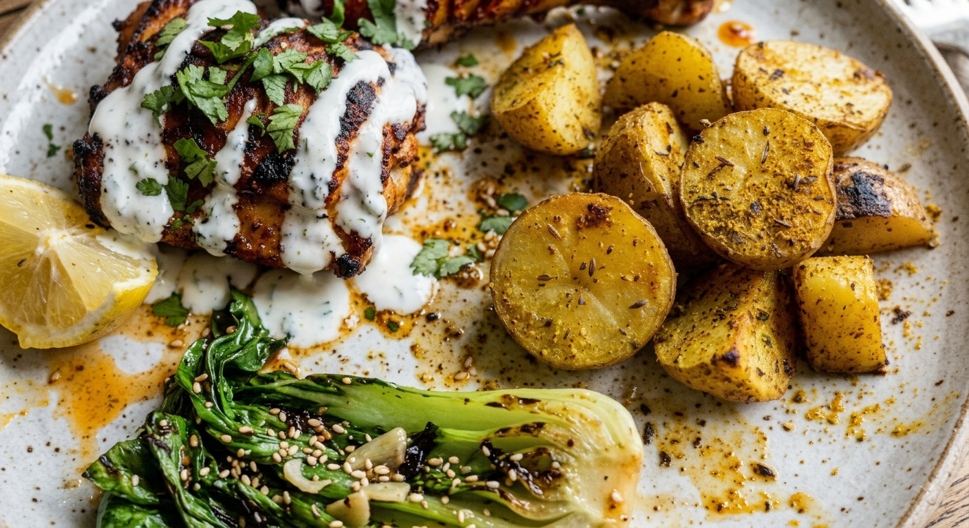 Yogurt-Marinated Tandoori Chicken with Curry-Roasted Madras Yukon Gold Potatoes and Ginger-Sesame Bok Choy