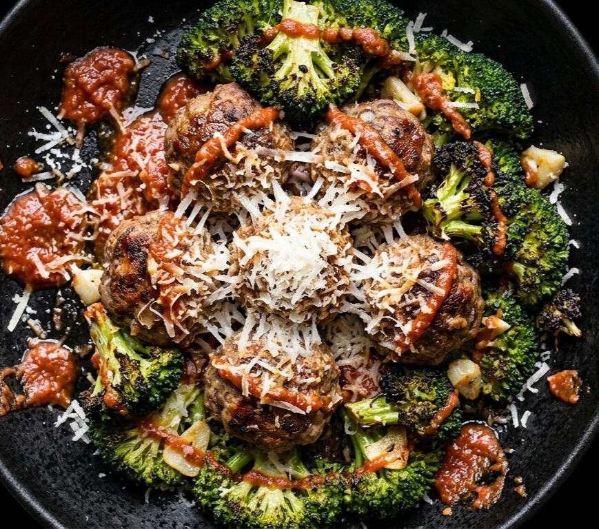 Ancestral Meat Meatballs in Slow-Simmered Tomato Sauce with Roasted Broccoli with Lemon, Garlic, and Parmigiano-Reggiano