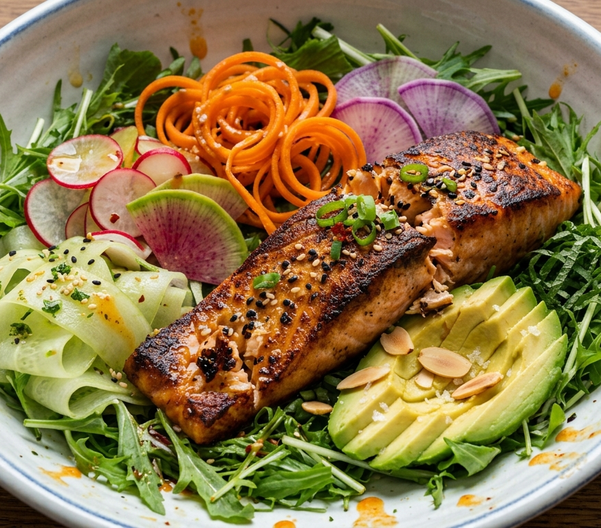Pan-Seared Wild Salmon with Ponzu-Dressed Salad and Sesame Ginger Cucumber