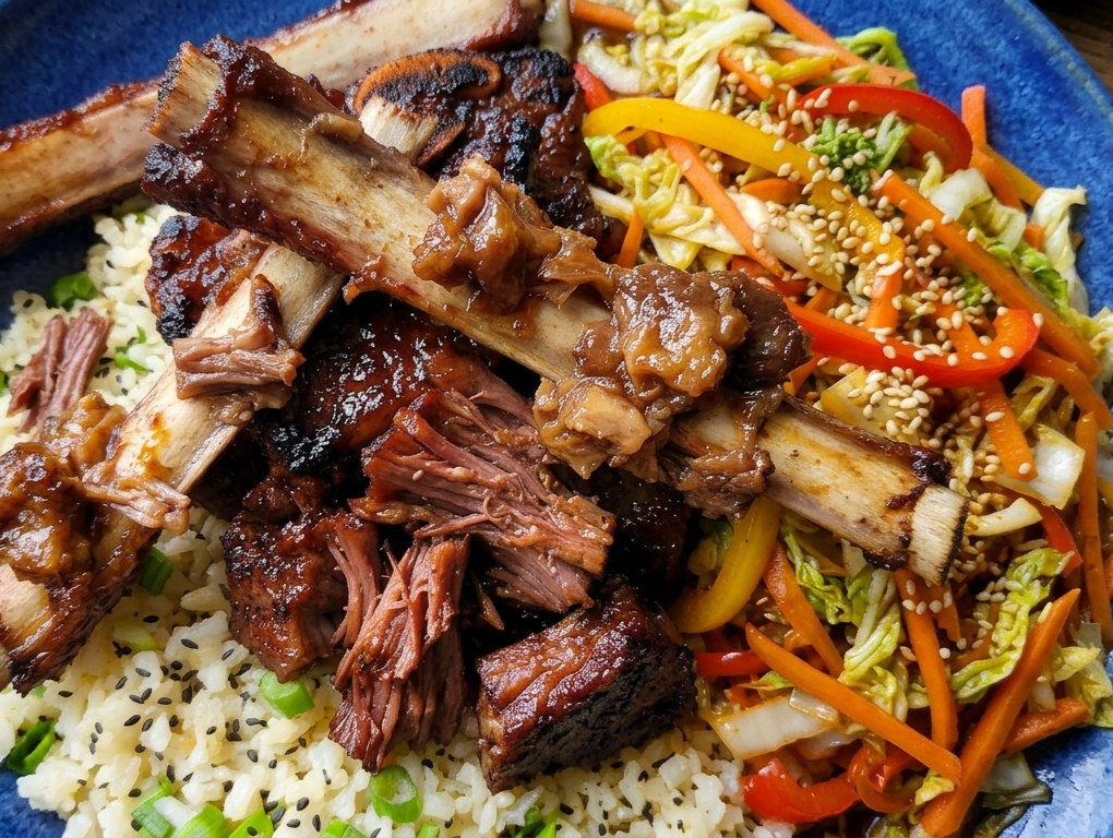 Korean-Style Short Ribs with Sesame-Cabbage Stir-Fry and Grain-Free Cauliflower Rice