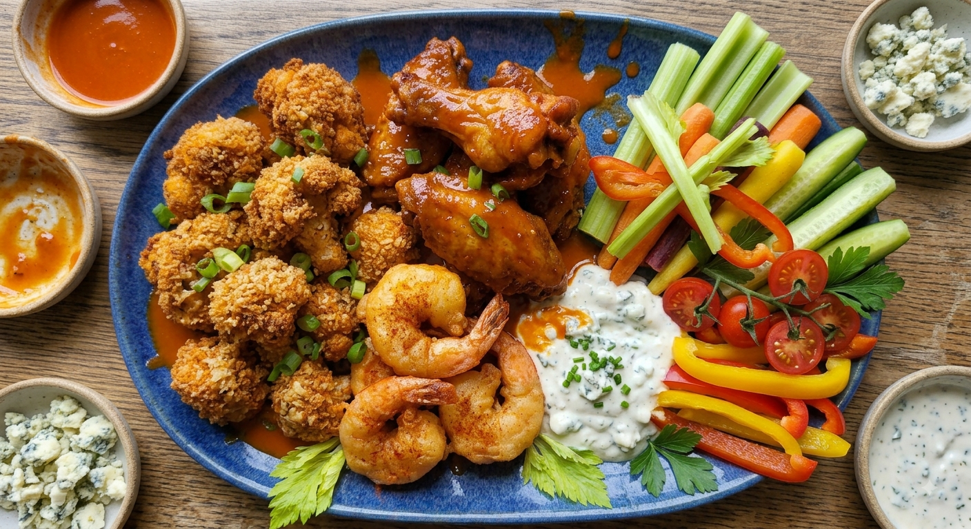 Crispy Buffalo Cauliflower with Buffalo Baja Shrimp and Chicken Wings, Blue-Cheese Yogurt Dressing, and Fresh Crudités