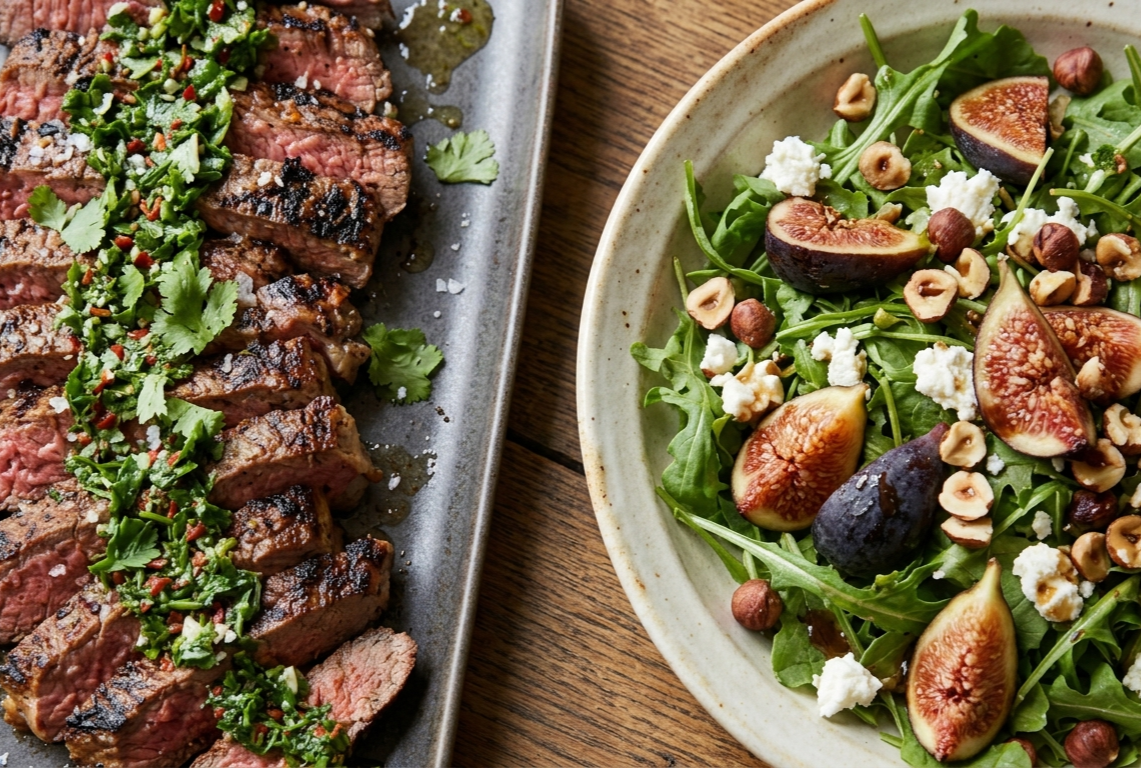 Grass-Fed Carne Asada with Chimichurri and Arugula-Fig Salad with Hazelnuts