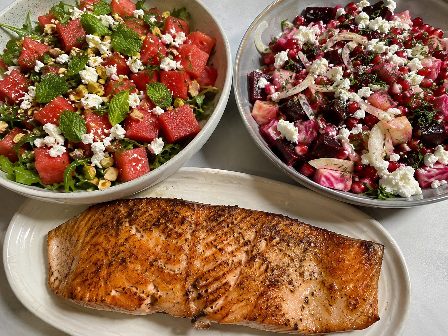 Wild Salmon with Watermelon-Arugula-Sumac and Golden Beet-Pomegranate Salad