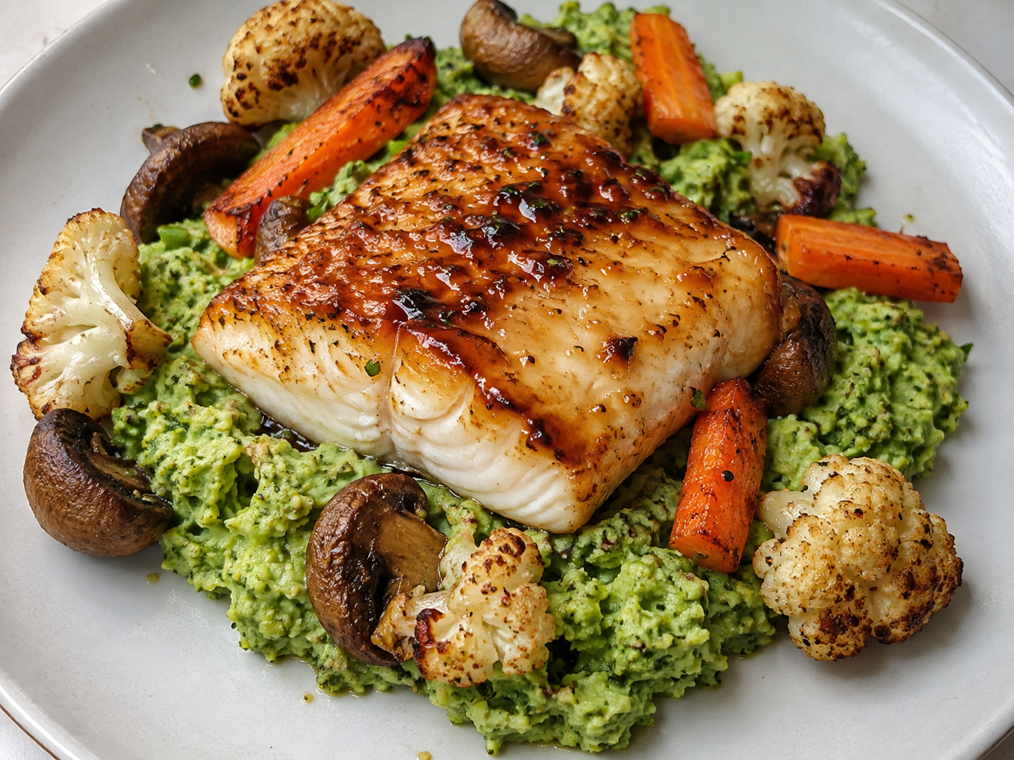 Miso Cod with Broccoli Mash and Roasted Carrot-Cauliflower-Mushroom Medley