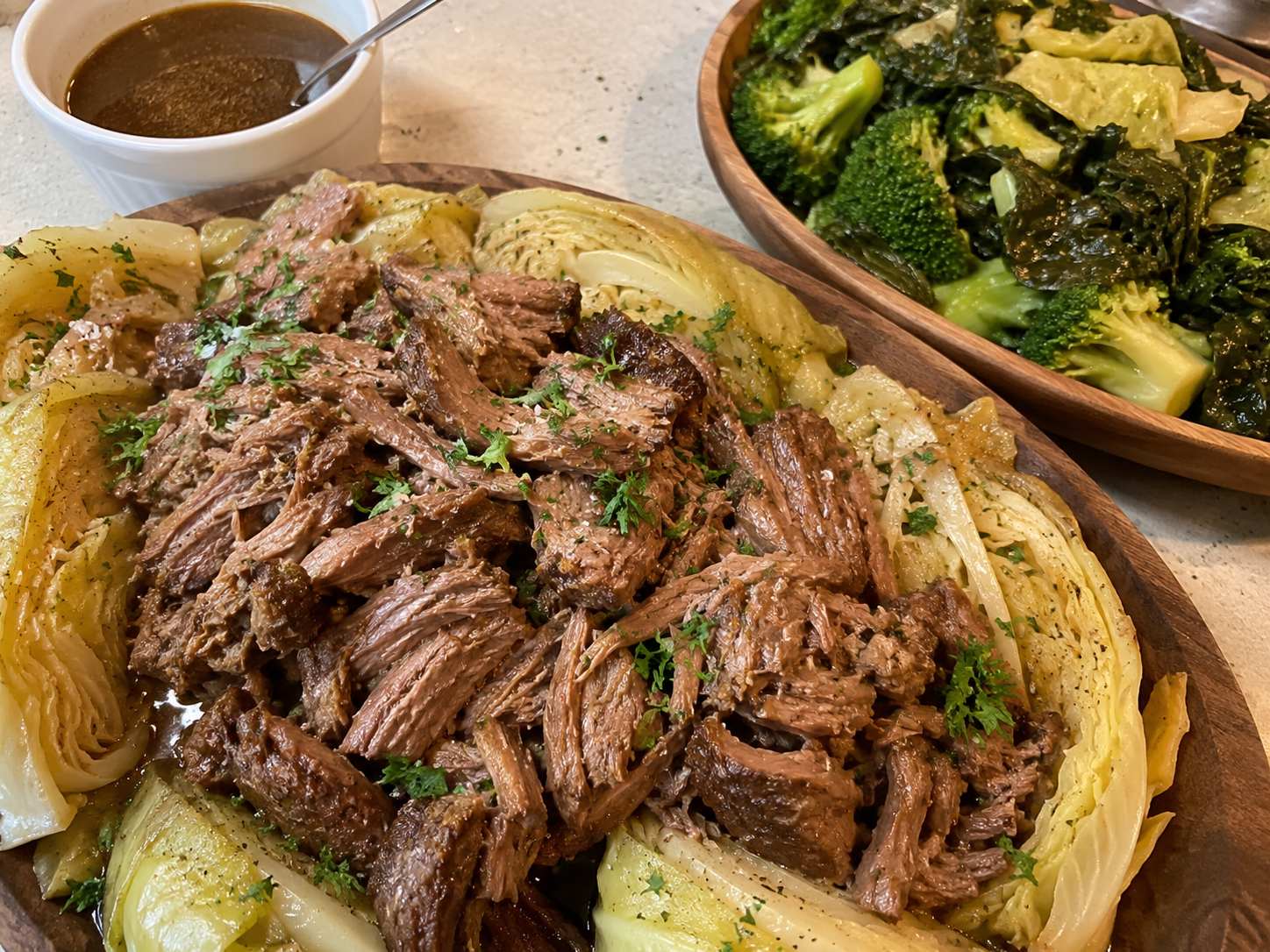 Braised Pasture Pork Shoulder with Wilted Broccoli, Collard, and Cabbage Greens