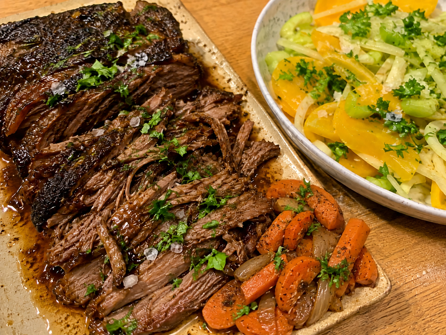 Slow-Braised Grass-Fed Beef Brisket with  Golden Beet, Fennel, and Celery Salad