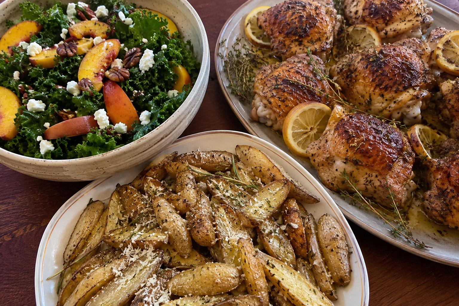 Rosemary-Thyme Chicken Thighs with Basil Sauce, Summer Peach Salad, and Roasted Fingerling Potatoes with Parmesan