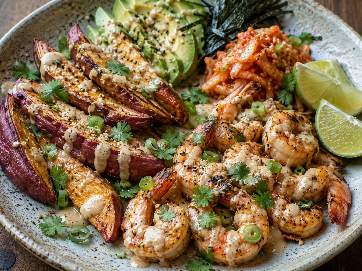 Roasted Japanese Sweet Potato with Miso-Tahini and Your Choice of Wild Fish or Grilled Chicken