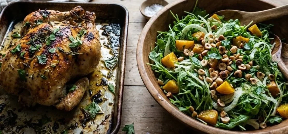 Whole Herb-Roasted Chicken with  Golden Beet-Arugula-Hazelnut Salad