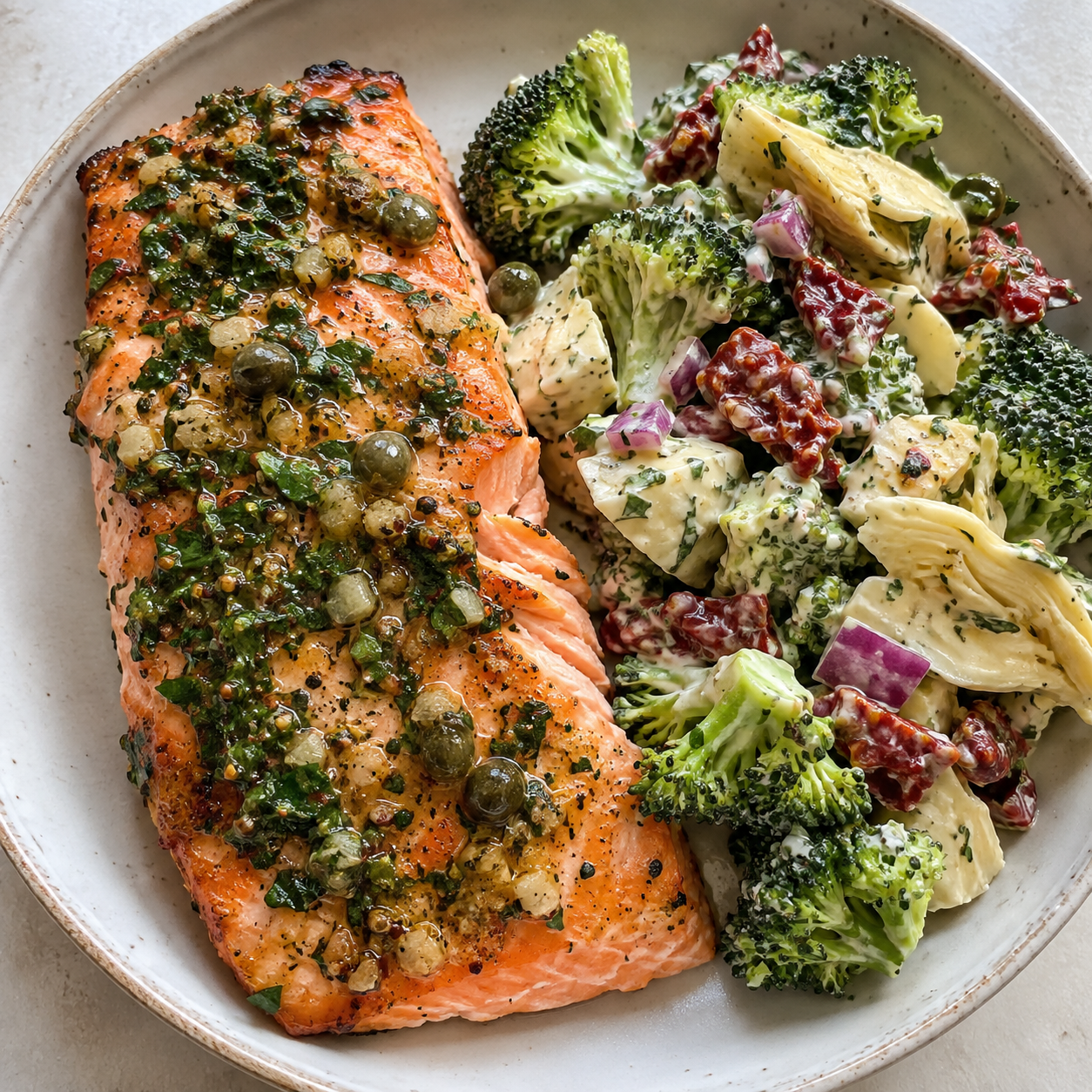 Herb grilled Wild King salmon with broccoli salad