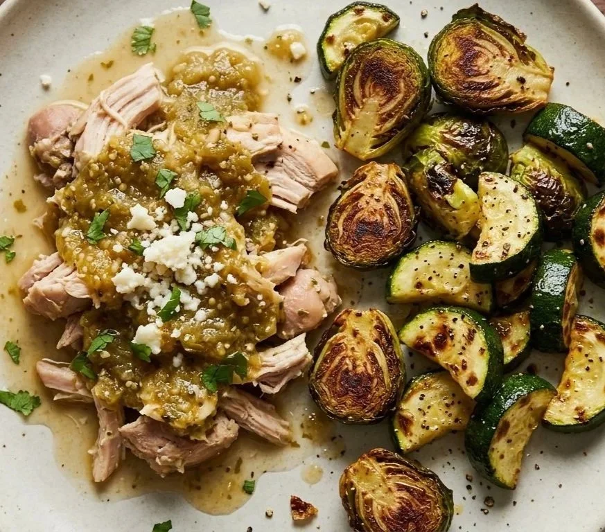 Chicken Verde with Roasted Brussels Sprouts and Roasted Zucchini