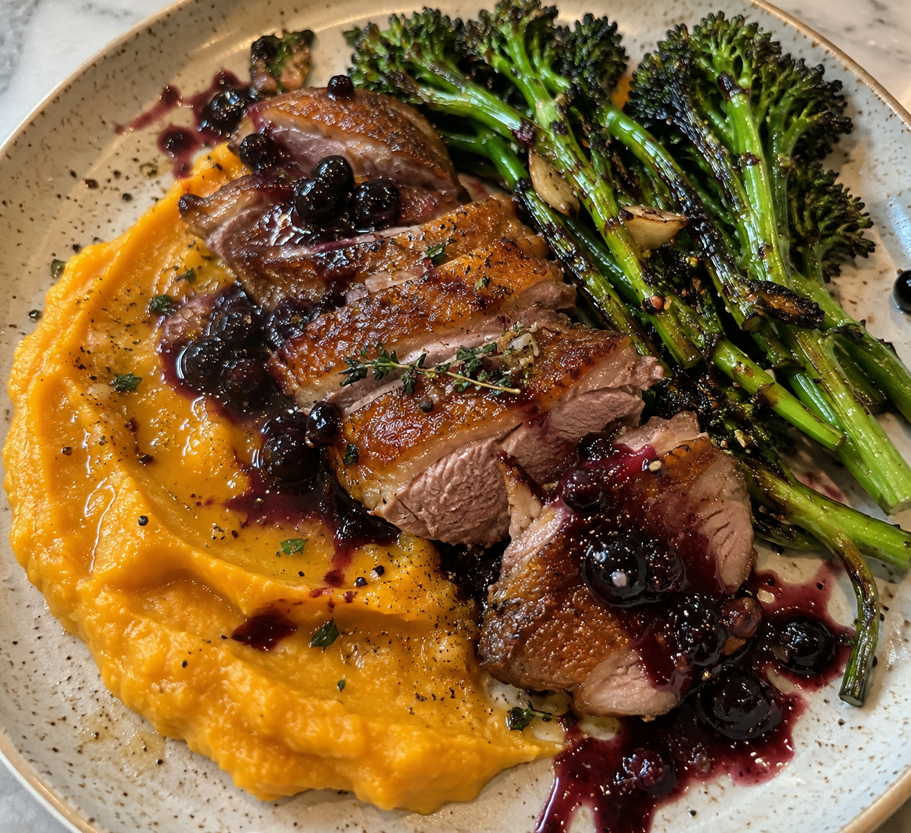 Crispy Roasted Duck with Butternut Squash Purée, Apple Cider Vinaigrette, Grilled Broccolini, and Blueberry Glaze