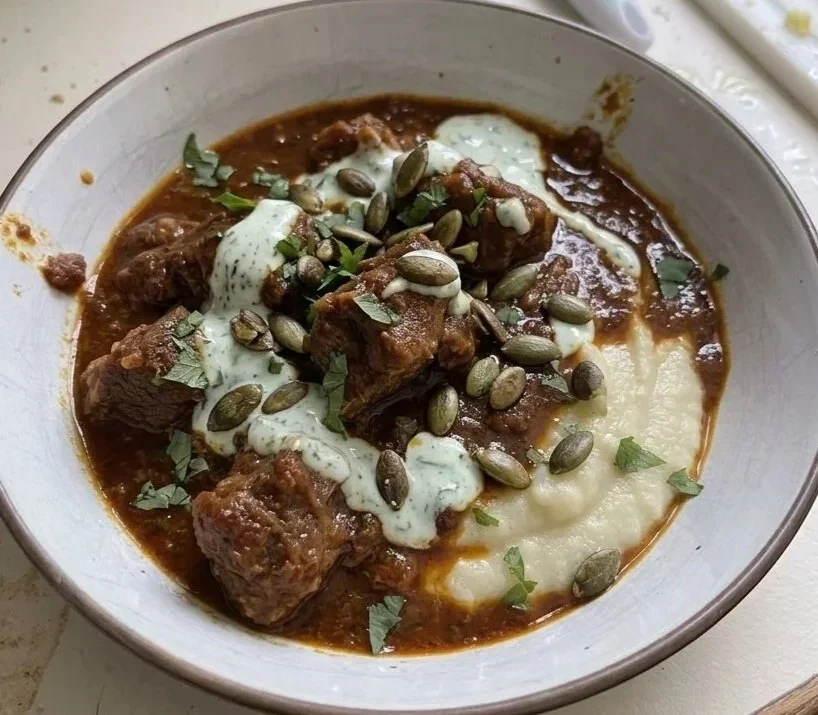 Ethiopian Grass-Fed Lamb Berbere Soup with Silky Cauliflower Purée and Cooling Yogurt-Mint Sauce