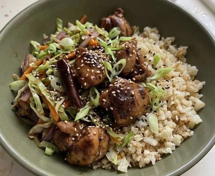 "General Sal's" Chicken with Sesame-Cabbage Stir-Fry and Cauliflower Rice