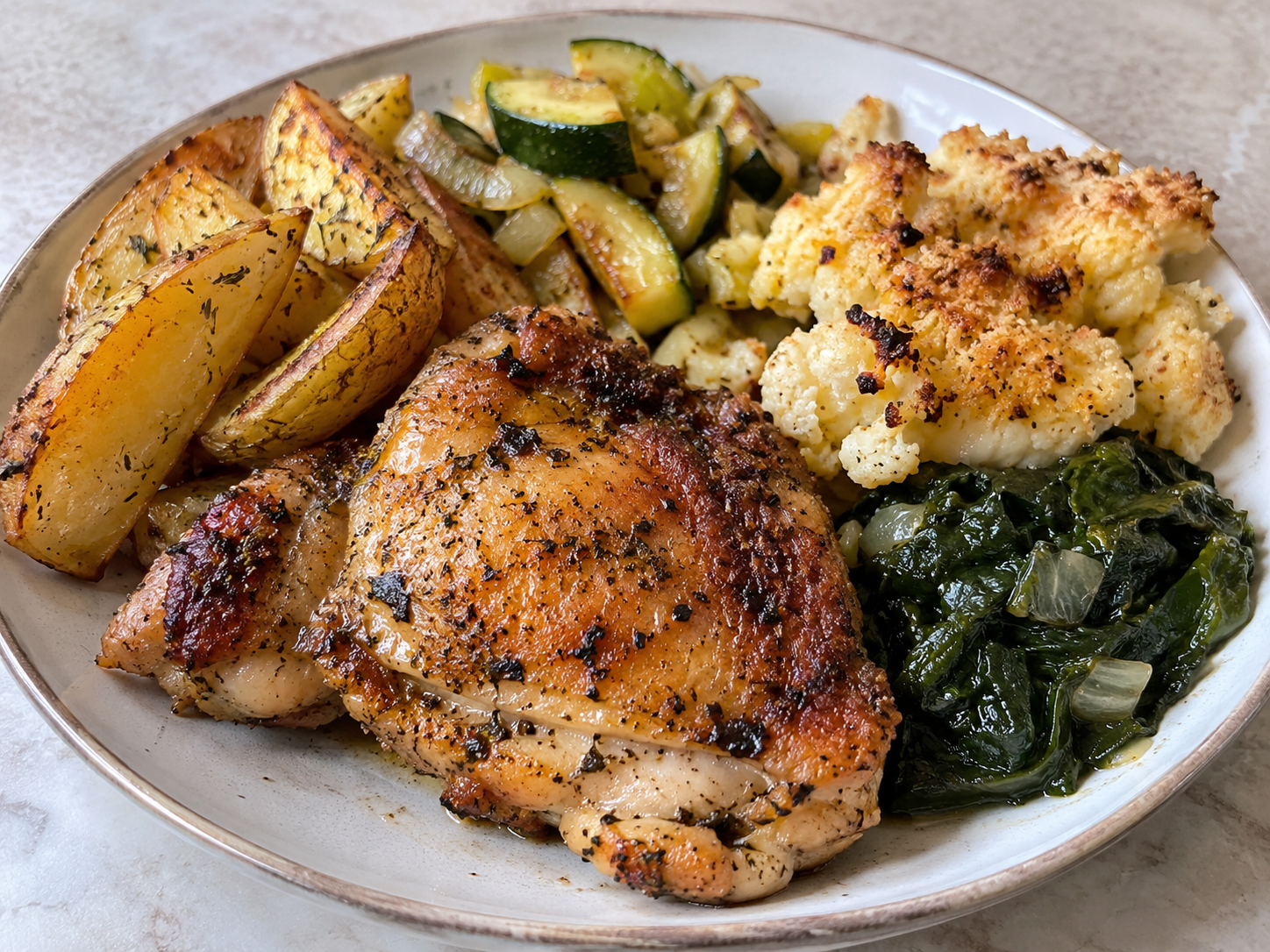 Buttermilk-Marinated Chicken Thighs with Yukon Gold Wedges, Sautéed Zucchini and Leeks, Cauliflower Parmesan, and Braised Summer Greens