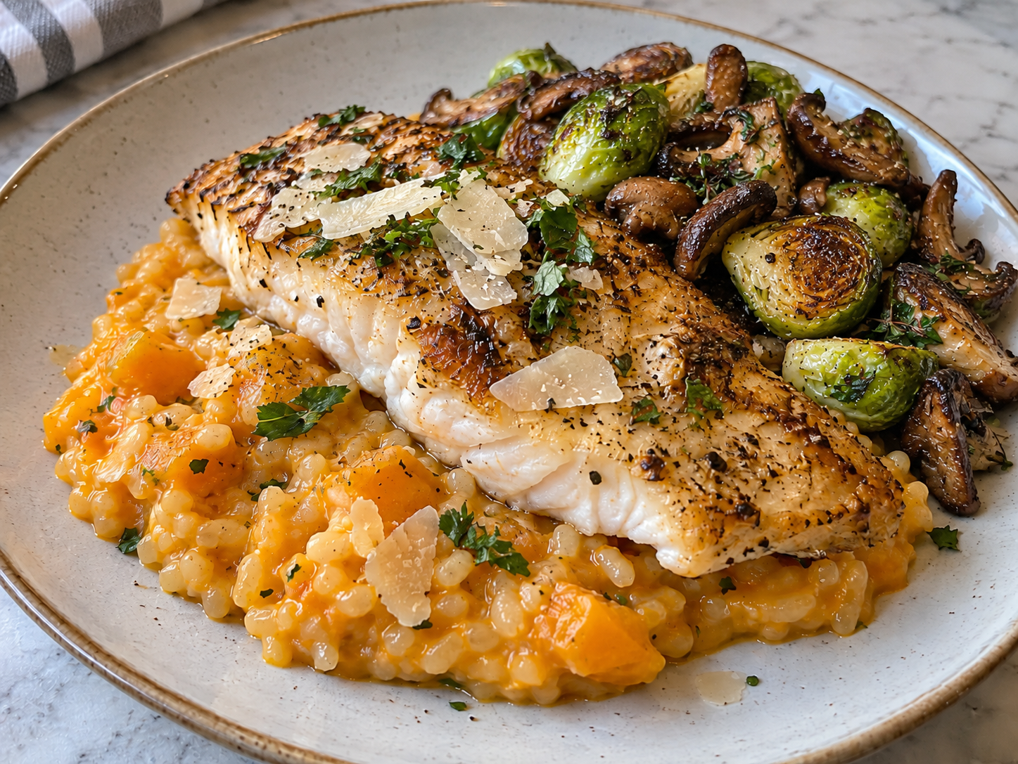 Caesar-Roasted Whole Snapper with Butternut Squash "Risotto", Wild Mushrooms, and Roasted Brussels Sprouts