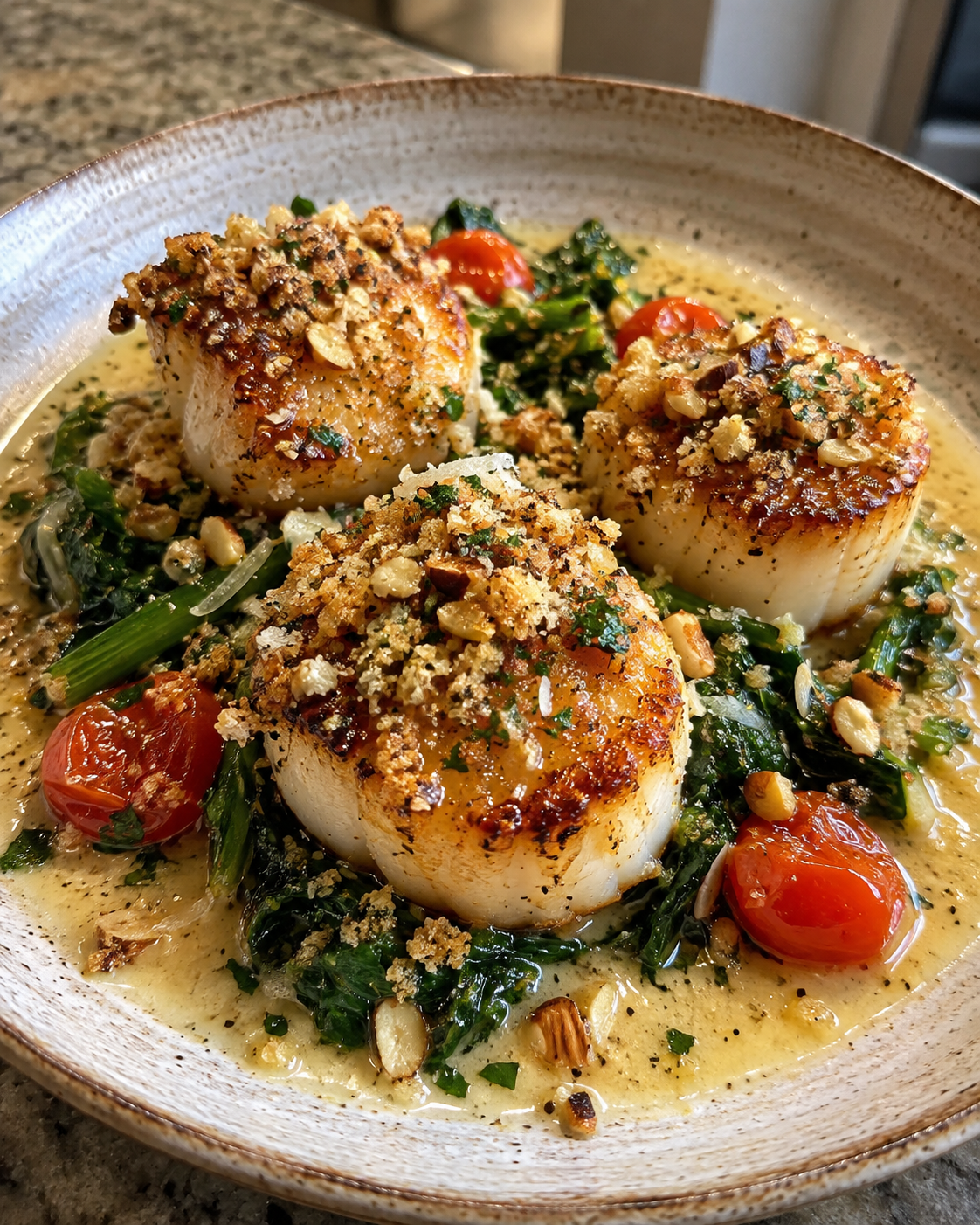 Seared Scallops with Sautéed Vegetables, Lemon Parmesan Sauce, and Almond Crumble