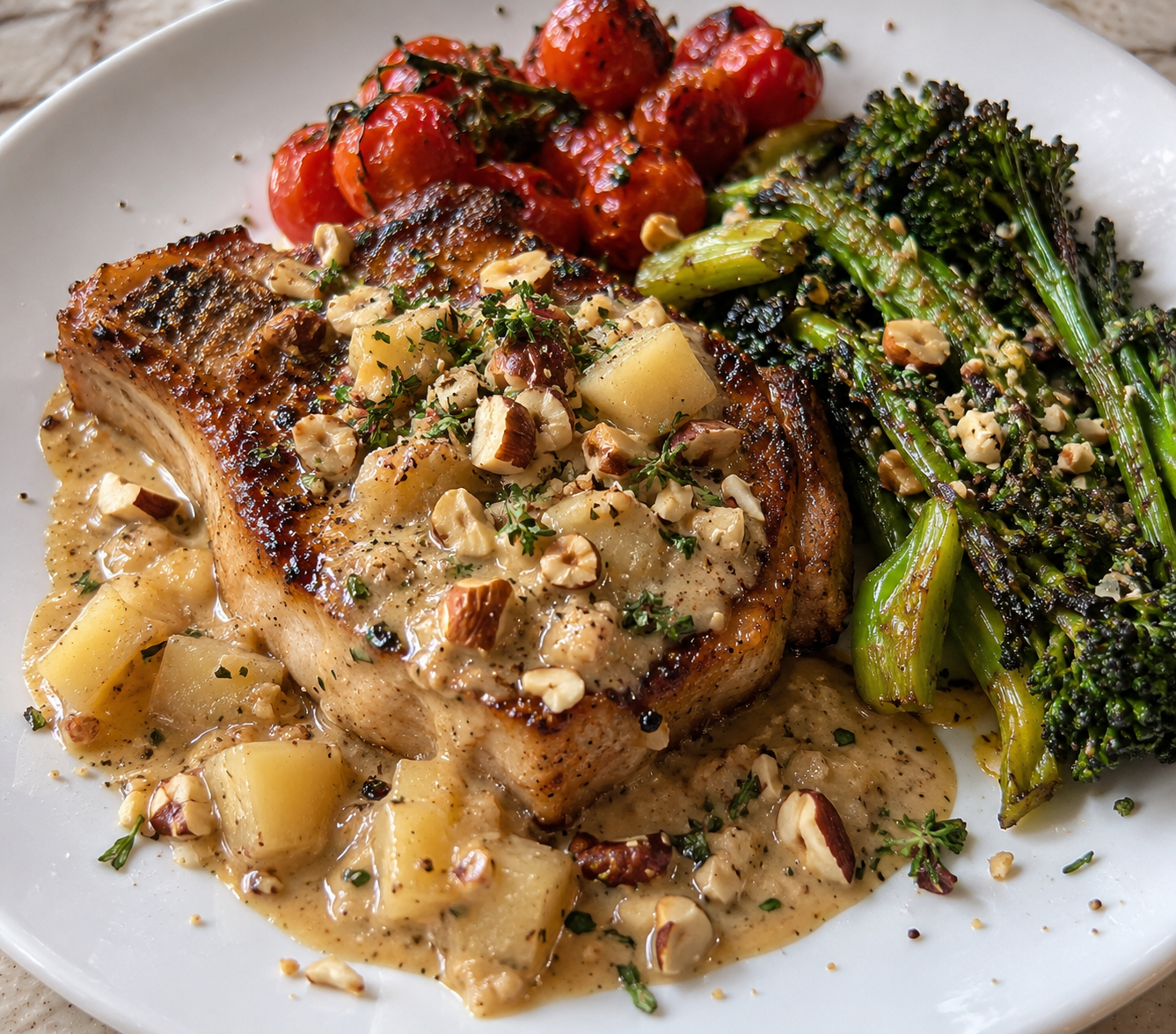 Pasture-Raised Pork Chops with Hazelnut Cream, Stewed Apples, and Blistered Tomatoes
