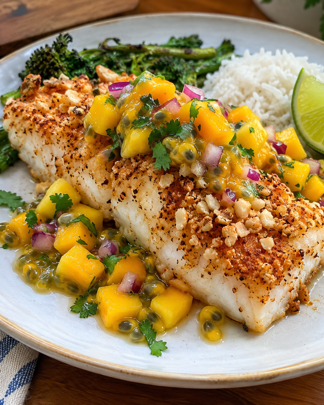 Hawaiian Macadamia-Crusted Wild Fish with Tropical Mango-Passionfruit Salsa