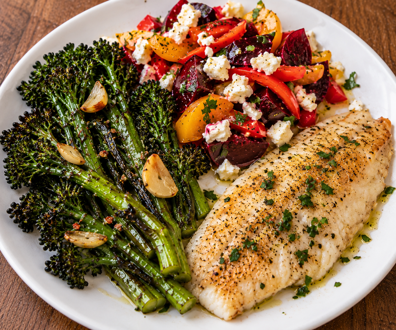 Blistered Broccolini with Slow-Confited Garlic, Rainbow Beet and Bell Pepper Salad, and Your Choice of Wild Fish or Shrimp