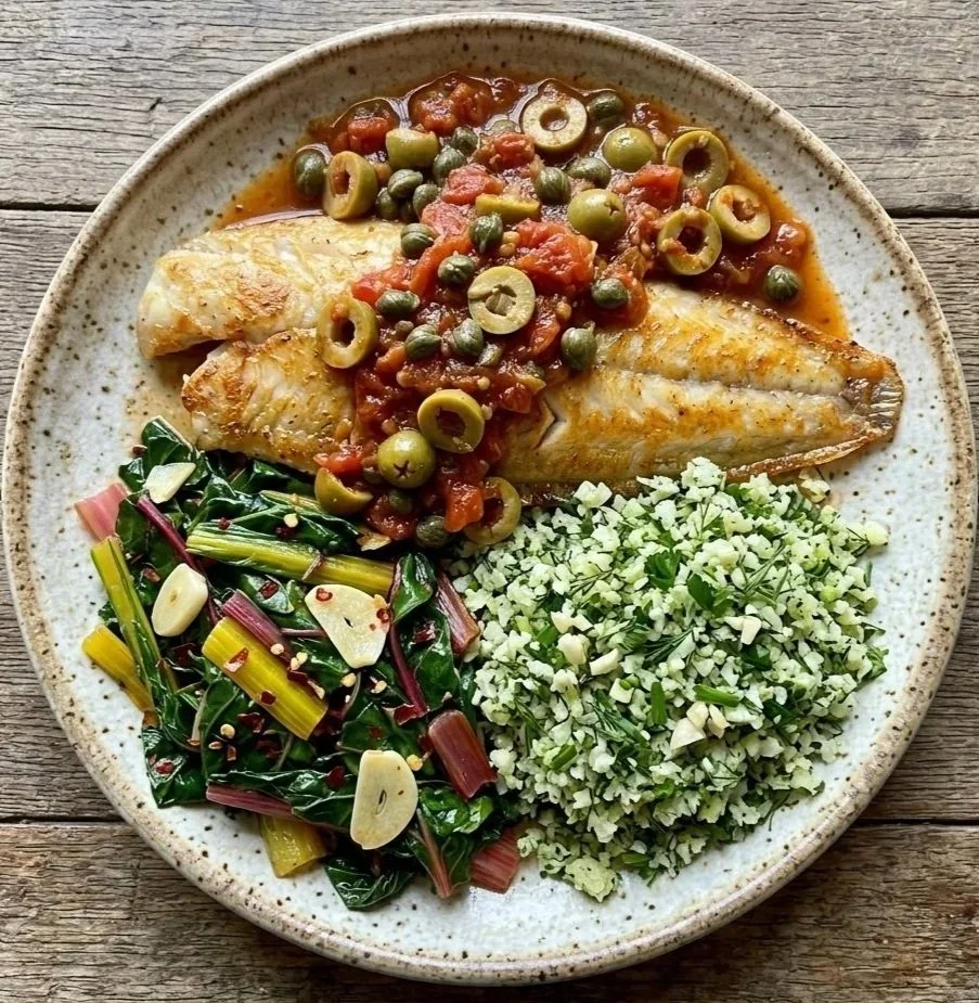 Wild Red Snapper Two Ways (Veracruz-Style or Lemon-Herb) with Herbed Cauliflower Rice and Garlicky Rainbow Chard