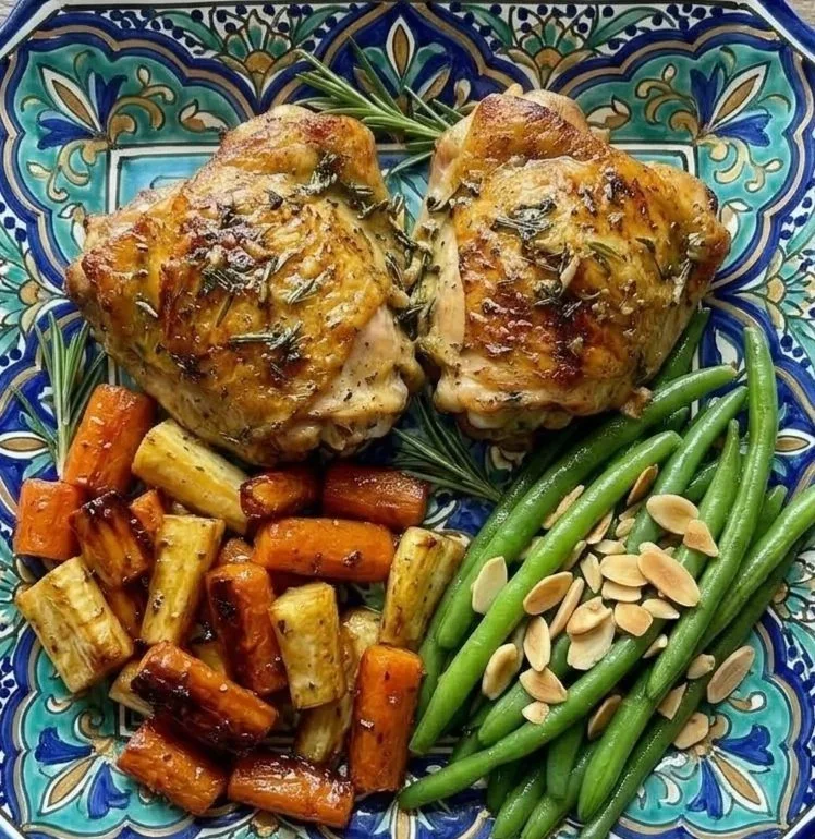 Lemon-Rosemary Chicken Thighs with Honey-Thyme Roasted Carrots and Parsnips and Lemony Green Beans with Toasted Almonds