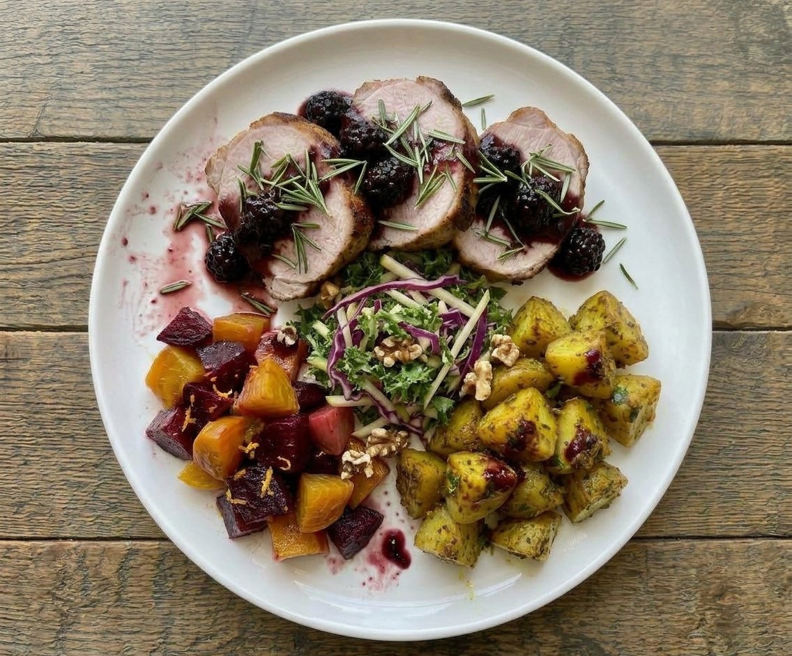 Pork Loin with Blackberry Sauce, Indian-Spiced Potatoes, Citrus Beets, and Crunchy Kale and Apple Slaw