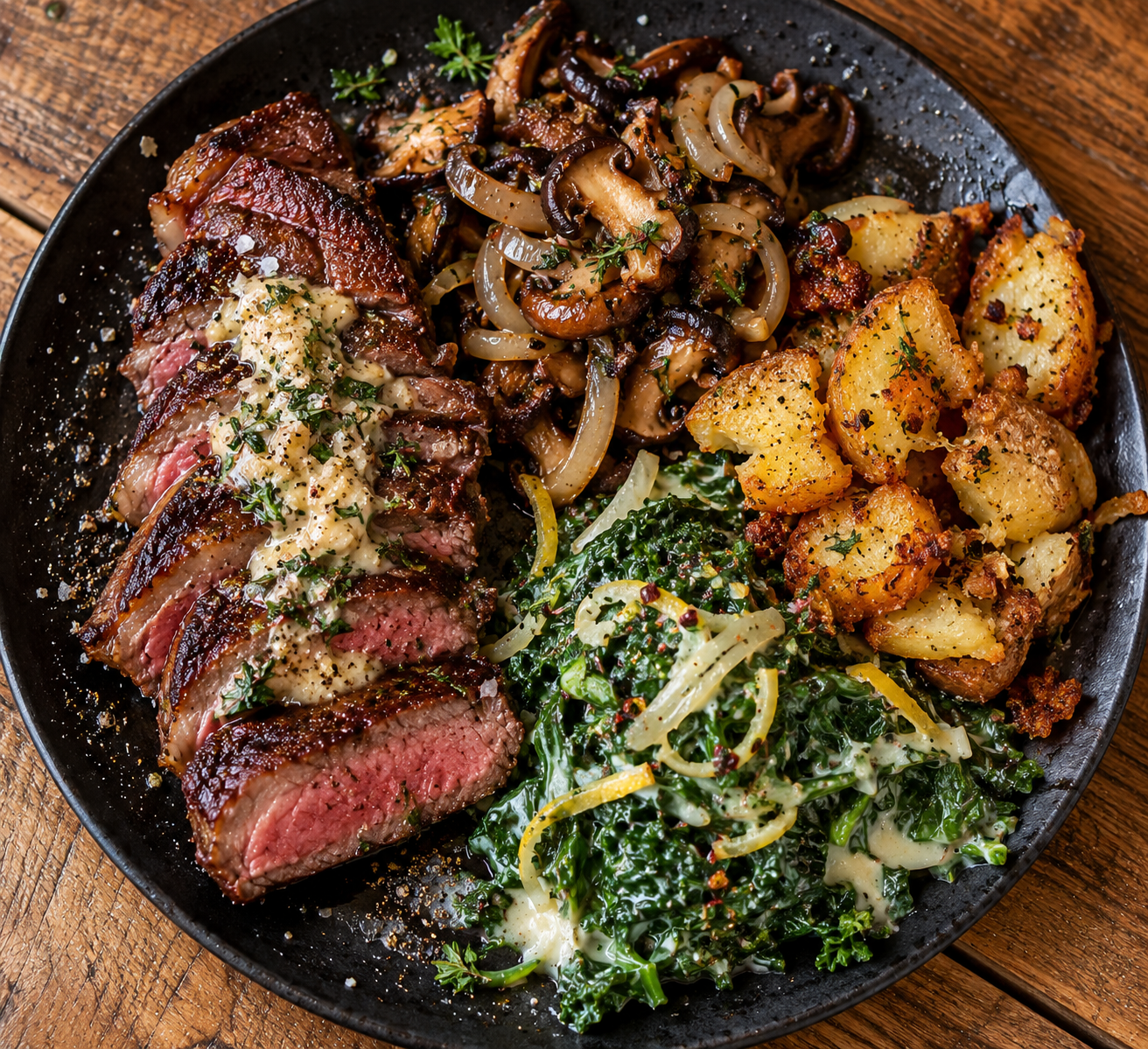 Grass-Fed Strip Steak with Shallot Butter Purée, Wild Mushrooms and Onions, Crispy Herb Potatoes, and Creamy Lemon Greens