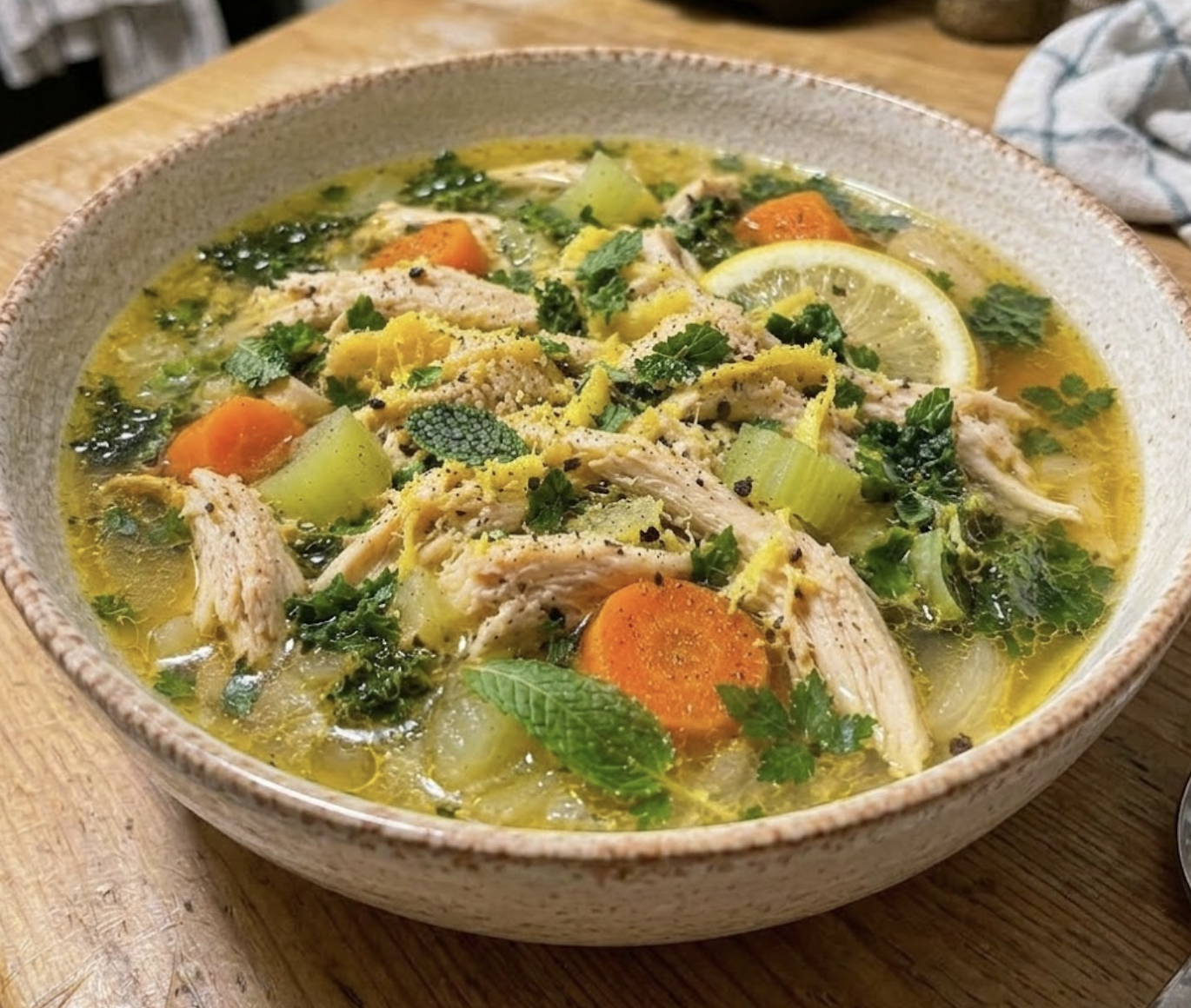 Refreshing Chicken Soup with Fresh Mint and Seasonal Vegetables (Caldo de Aves com Hortelã)