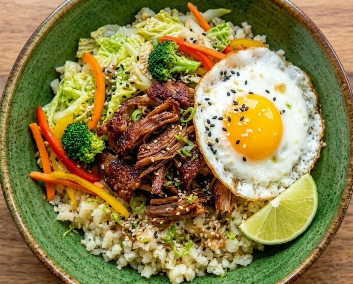 Crispy Shredded Duck over Cauliflower Rice with Savoy Cabbage, Fried Egg, and Sesame-Lime Finish