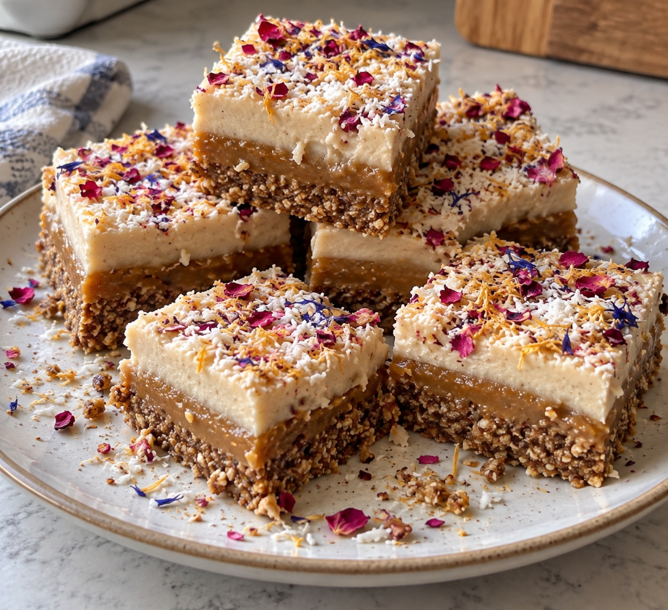 Tahini Caramel Slice with Vanilla Cashew Cream and Colorful Coconut Topping
