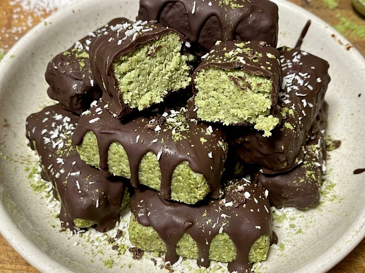 Raw Matcha Coconut Bounty Bars Dipped in Raw Chocolate