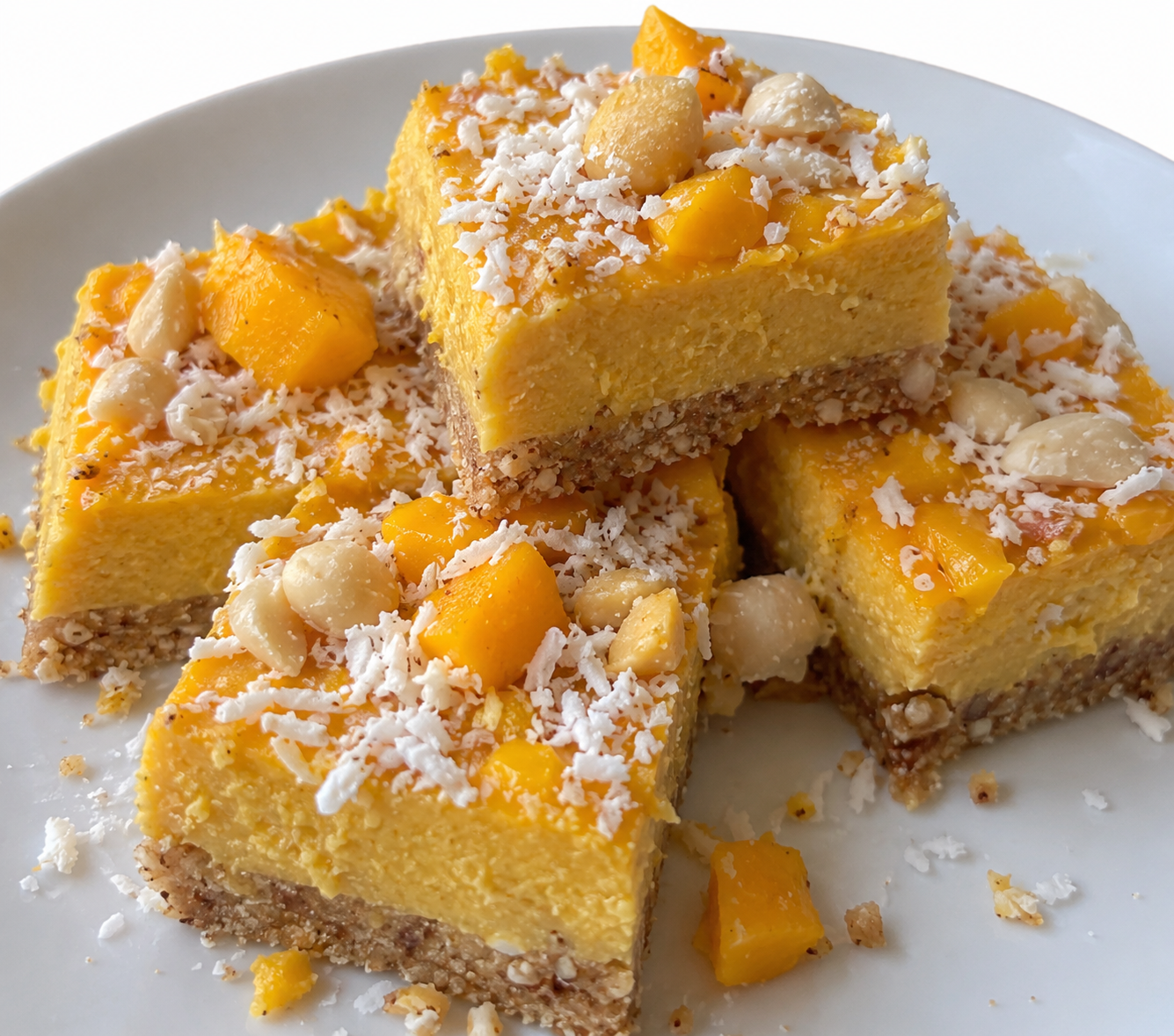 RAW MACADAMIA-MANGO CHEESECAKE BARS
