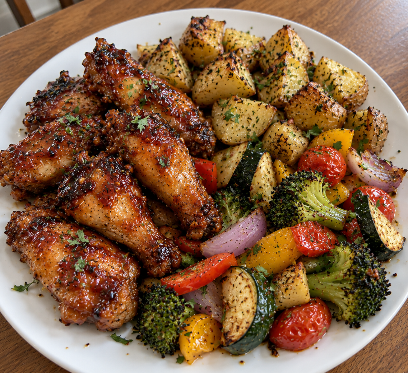 Honey Chipotle Wings with Herb-Roasted Yukon Golds and Roasted Vegetables